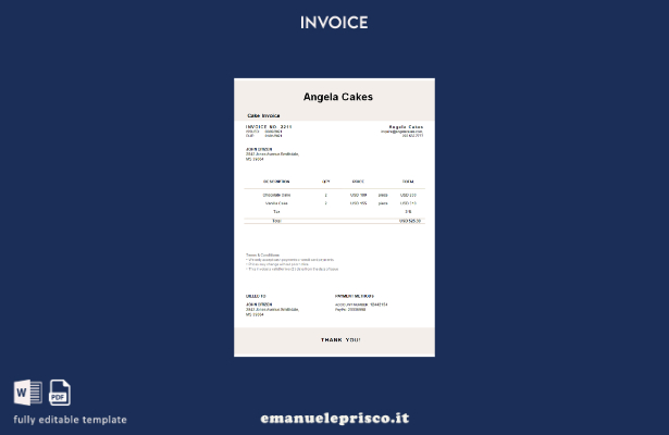 modello di fattura per torte Angela USA stile verificato